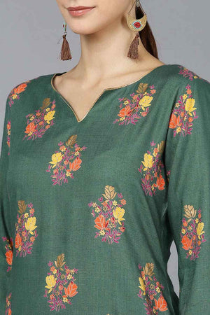 Green Cotton Round Neck Kurti