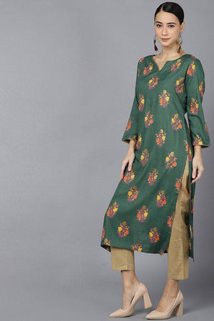 Green Cotton Round Neck Kurti