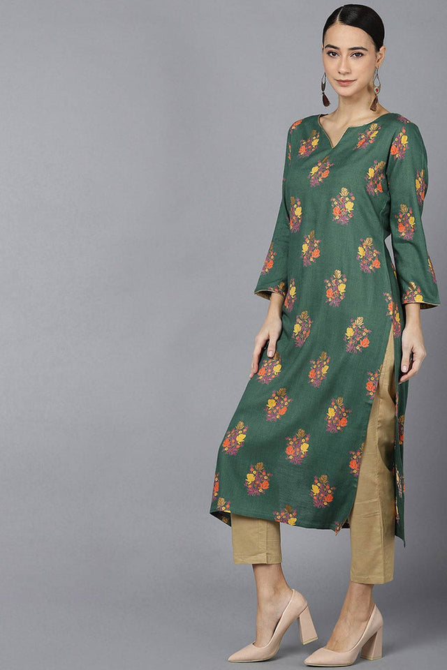 Green Cotton Round Neck Kurti