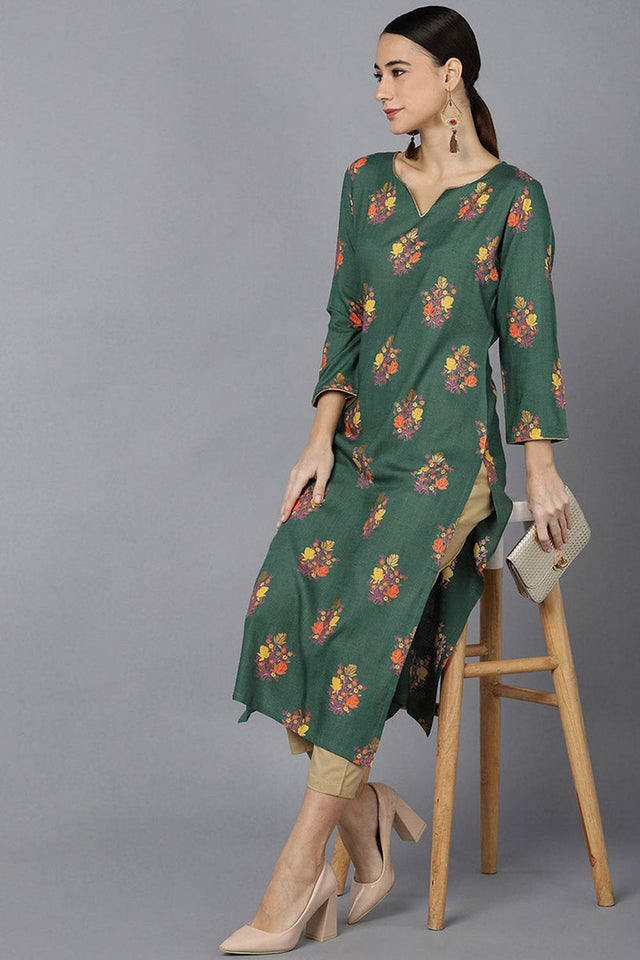 Green Cotton Round Neck Kurti