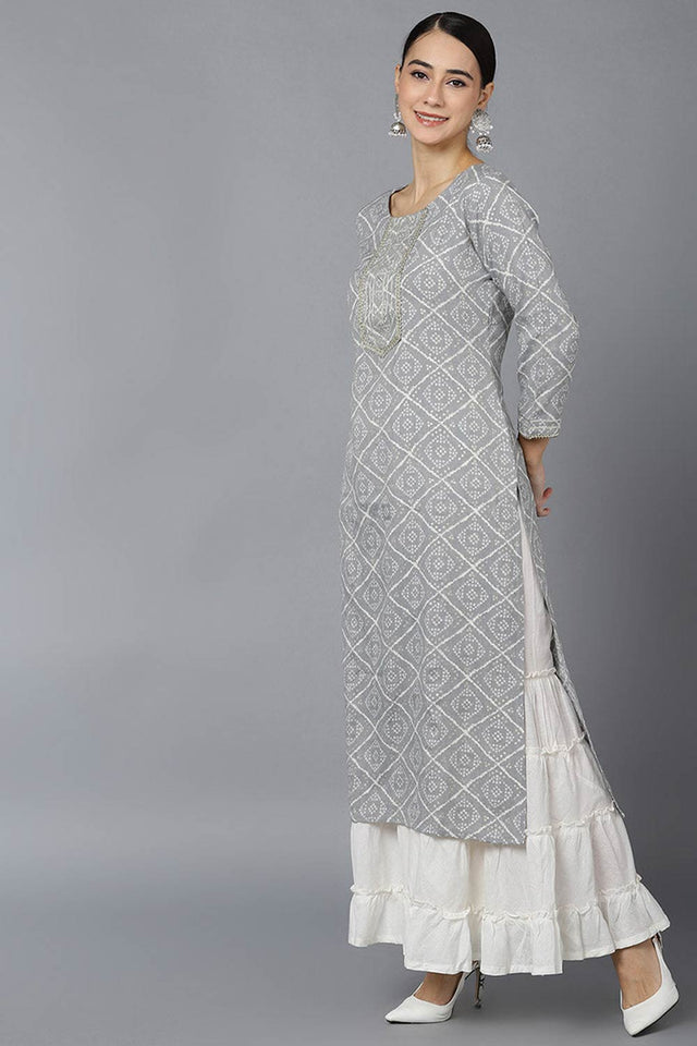 Grey Rayon Round Neck Kurti