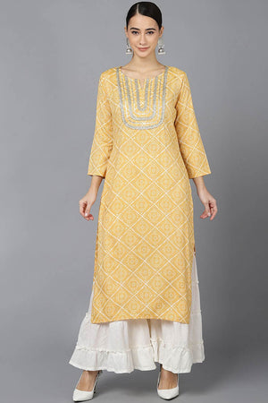 Yellow Rayon Round Neck Kurti