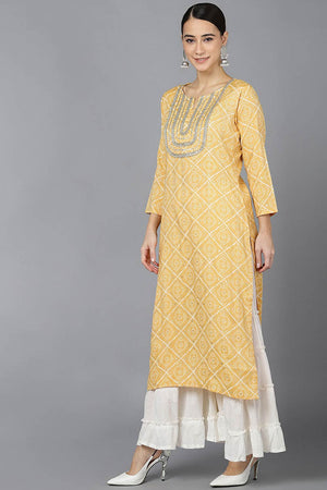 Yellow Rayon Round Neck Kurti