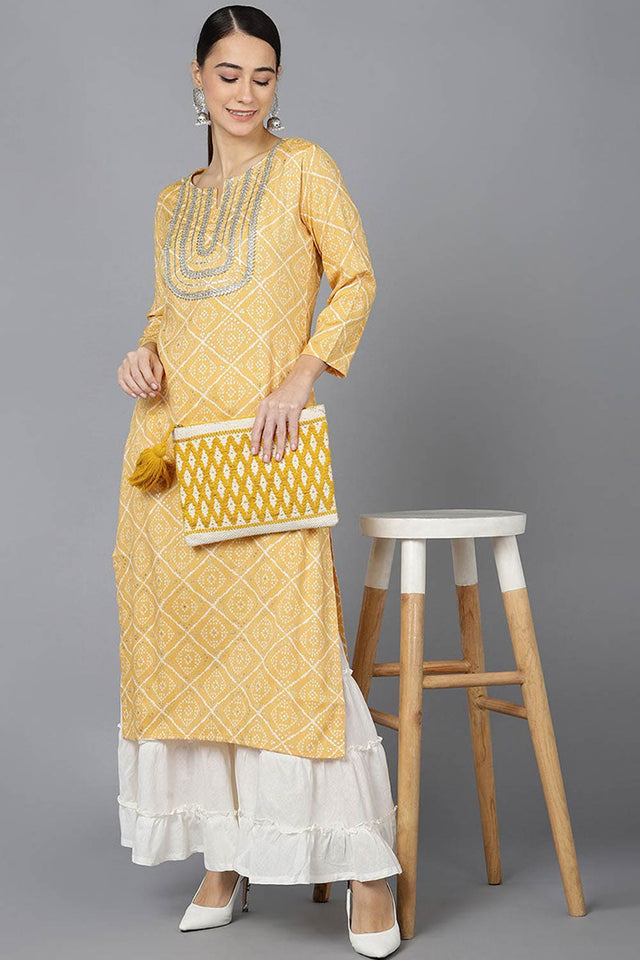Yellow Rayon Round Neck Kurti