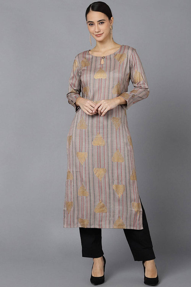 Grey Cotton Keyhole Neck Kurti
