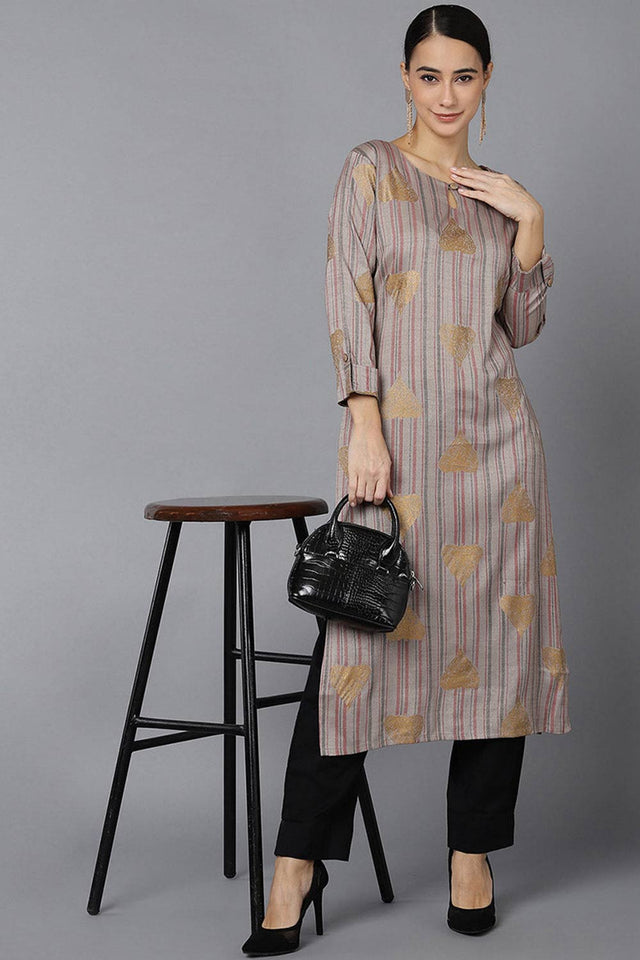 Grey Cotton Keyhole Neck Kurti