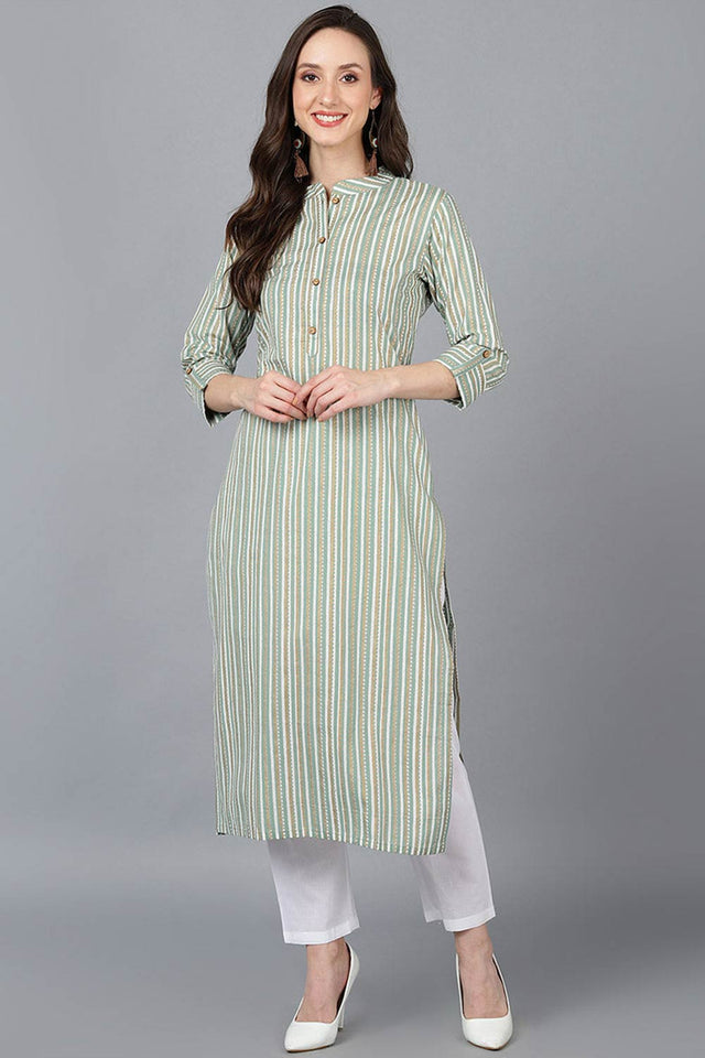 Green Cotton Mandarin Collar Kurti