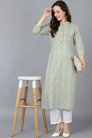 Green Cotton Mandarin Collar Kurti