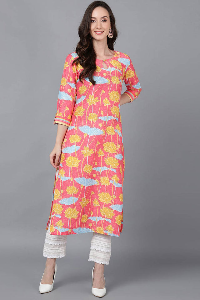 Pink Polysilk Floral Print Round Neck Kurti