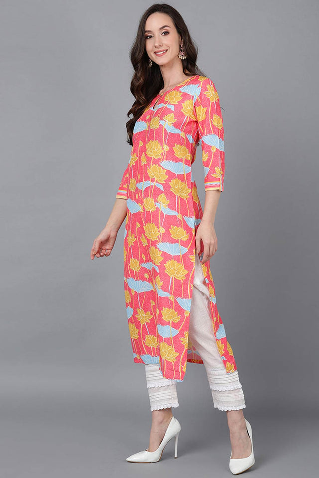Pink Polysilk Floral Print Round Neck Kurti