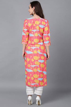 Pink Polysilk Floral Print Round Neck Kurti
