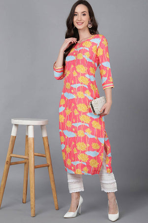 Pink Polysilk Floral Print Round Neck Kurti