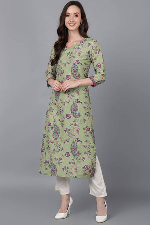 Green Polysilk Floral Straight Kurti