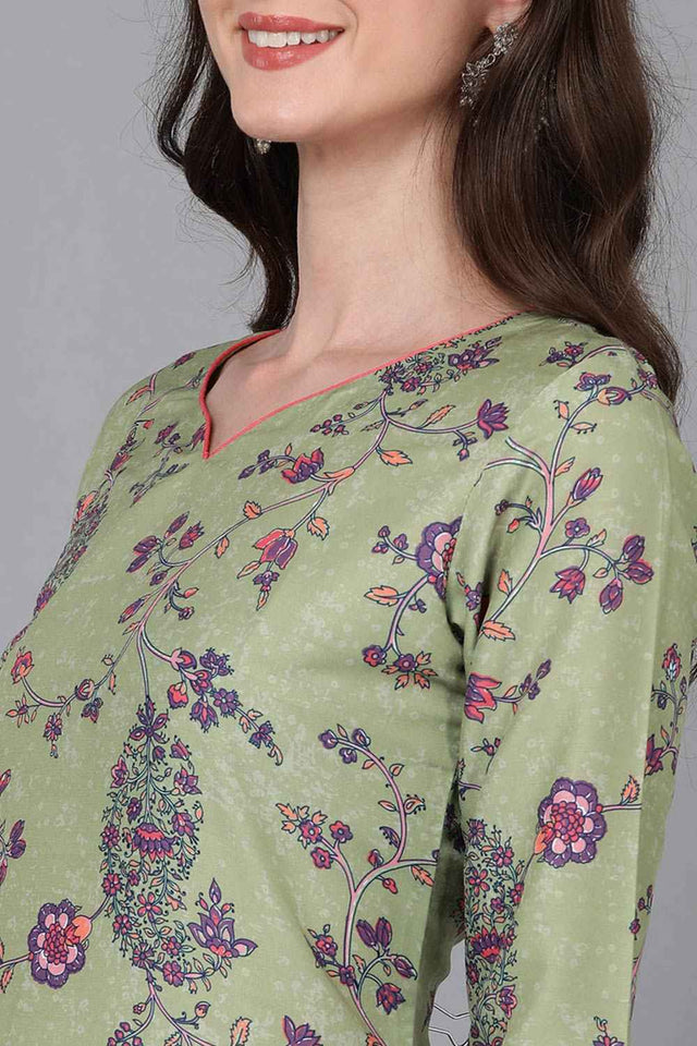 Green Polysilk Floral Straight Kurti