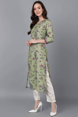 Green Polysilk Floral Straight Kurti