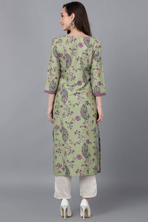 Green Polysilk Floral Straight Kurti
