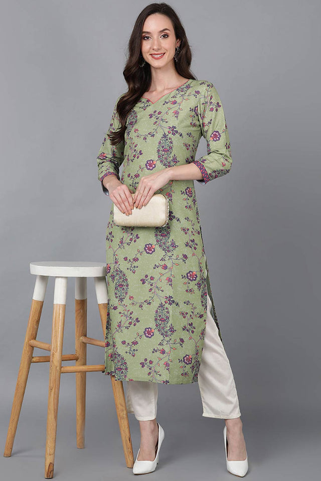 Green Polysilk Floral Straight Kurti
