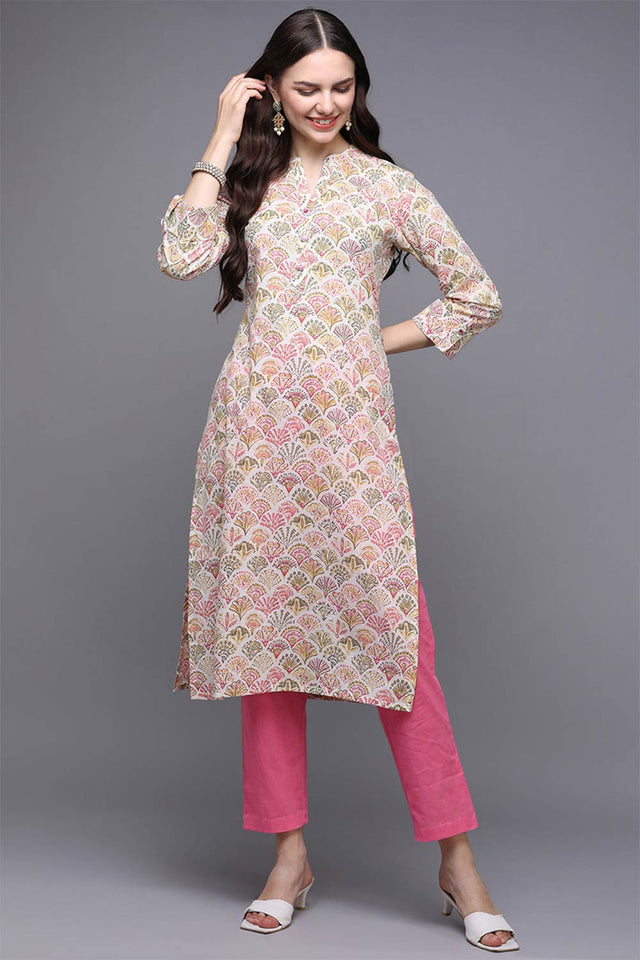 Beige Cotton Printed Straight Kurti
