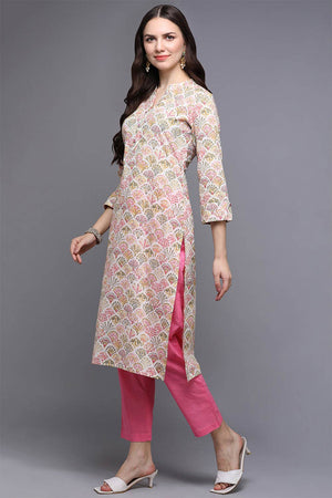 Beige Cotton Printed Straight Kurti