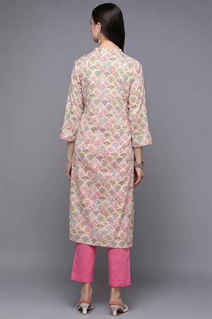 Beige Cotton Printed Straight Kurti