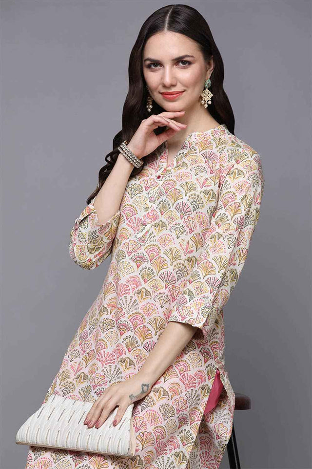 Beige Cotton Printed Straight Kurti