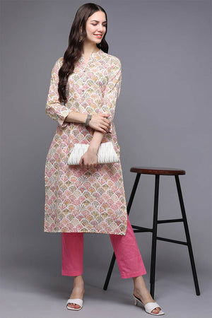 Beige Cotton Printed Straight Kurti