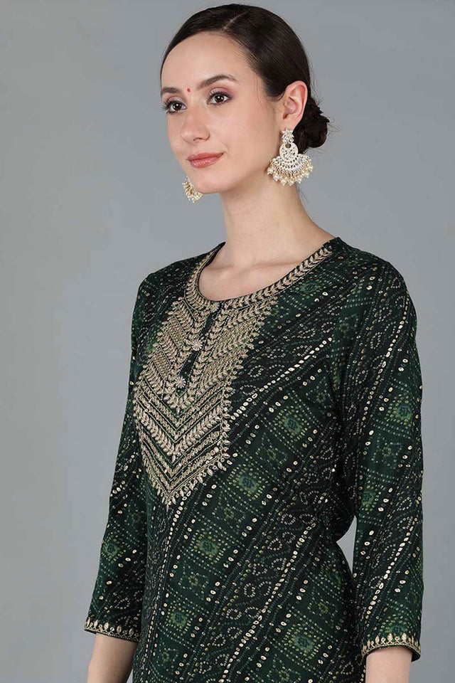 Green Rayon Round Neck Kurti