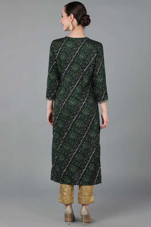 Green Rayon Round Neck Kurti