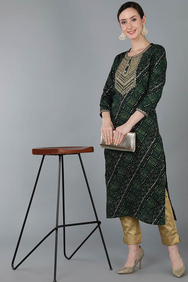 Green Rayon Round Neck Kurti