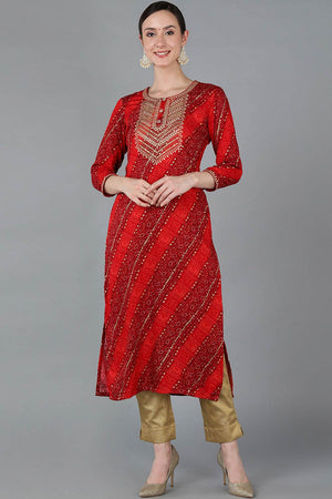 Red Rayon Round Neck Kurti