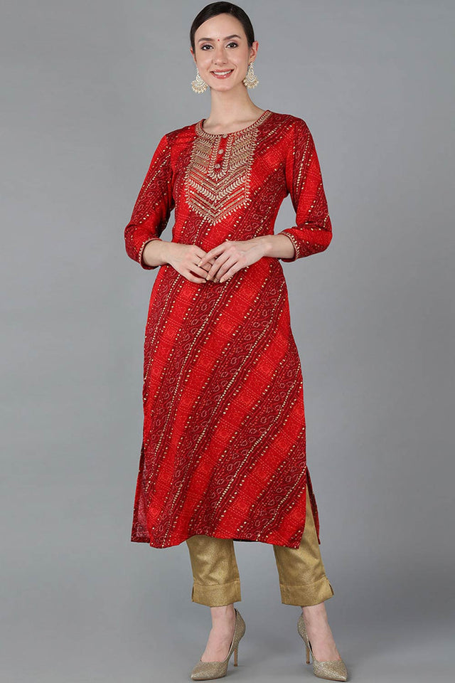 Red Rayon Round Neck Kurti