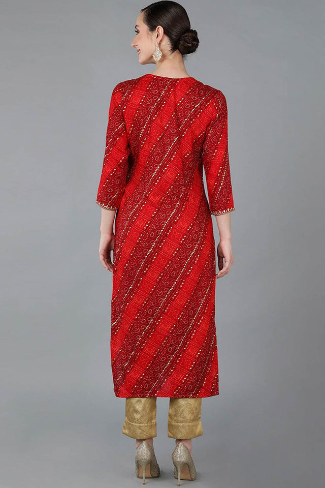 Red Rayon Round Neck Kurti