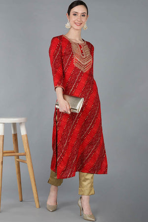 Red Rayon Round Neck Kurti