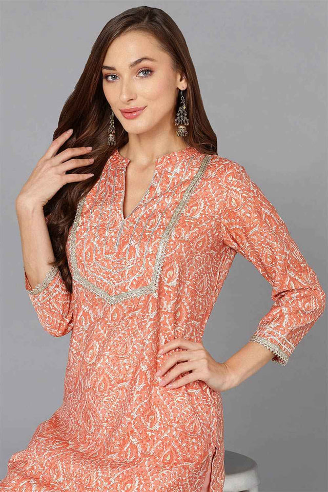 Pink Chanderi Abstract Print Straight Kurti