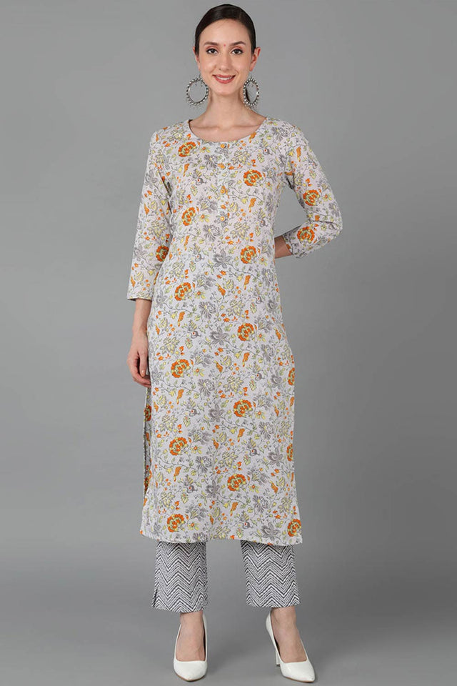 Grey Cotton Round Neck Kurti