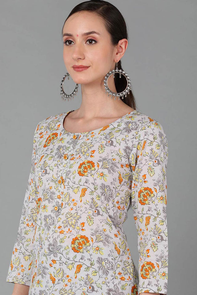 Grey Cotton Round Neck Kurti