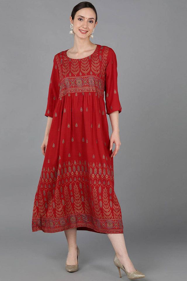 Red Rayon Floral Print Round Neck Kurti