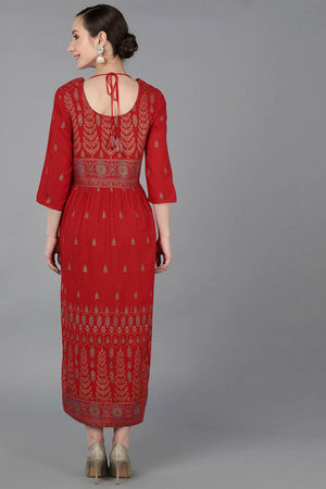 Red Rayon Floral Print Round Neck Kurti