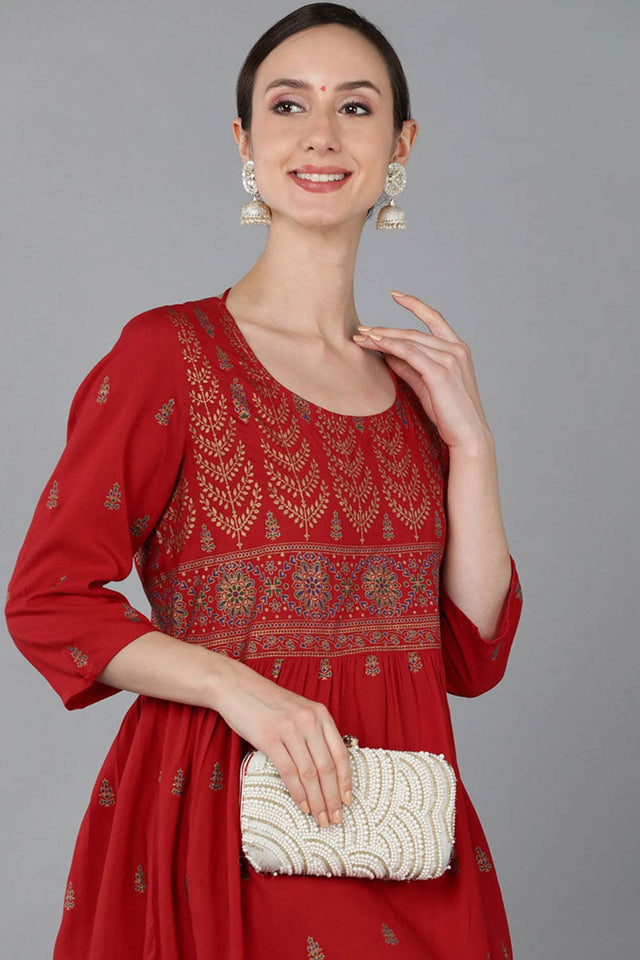 Red Rayon Floral Print Round Neck Kurti