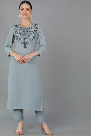 Blue Silk Blend Solid Straight Kurti