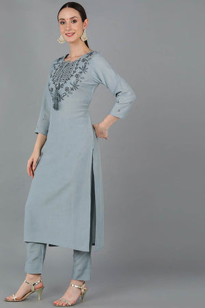 Blue Silk Blend Solid Straight Kurti
