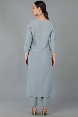 Blue Silk Blend Solid Straight Kurti