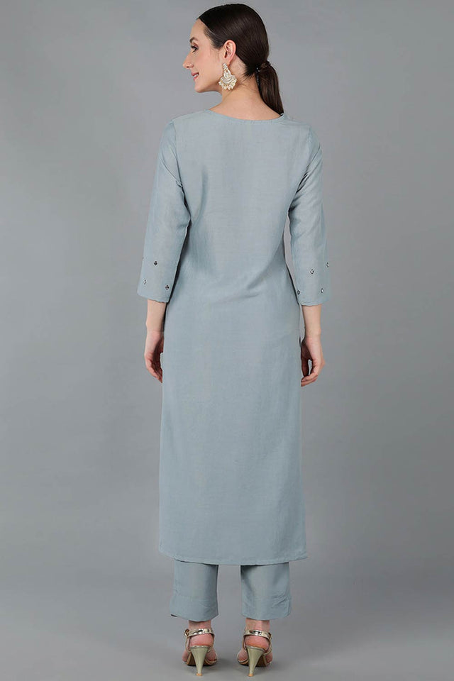 Blue Silk Blend Solid Straight Kurti