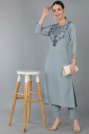Blue Silk Blend Solid Straight Kurti
