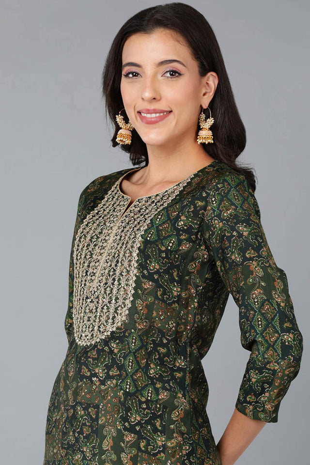 Green Silk Blend Floral Print Round Neck Kurti