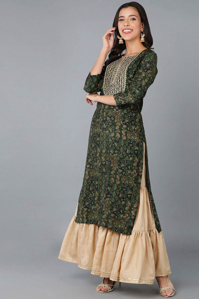 Green Silk Blend Floral Print Round Neck Kurti
