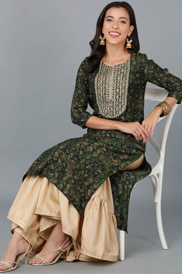 Green Silk Blend Floral Print Round Neck Kurti