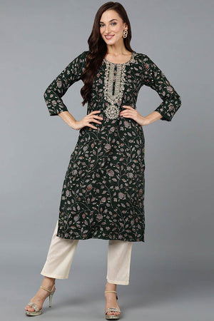 Green Silk Blend Floral Straight Kurti