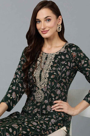 Green Silk Blend Floral Straight Kurti