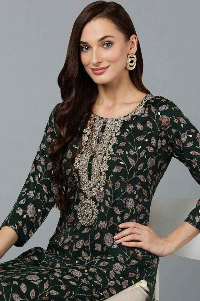 Green Silk Blend Floral Straight Kurti